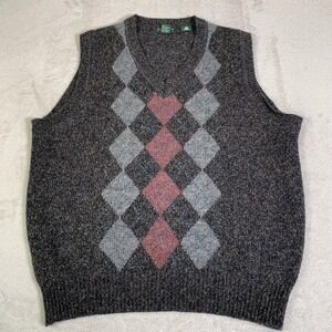 Four Winds Sweater Vest Mens XL Gray Argyle V Neck Shetland Wool Knit Pullover